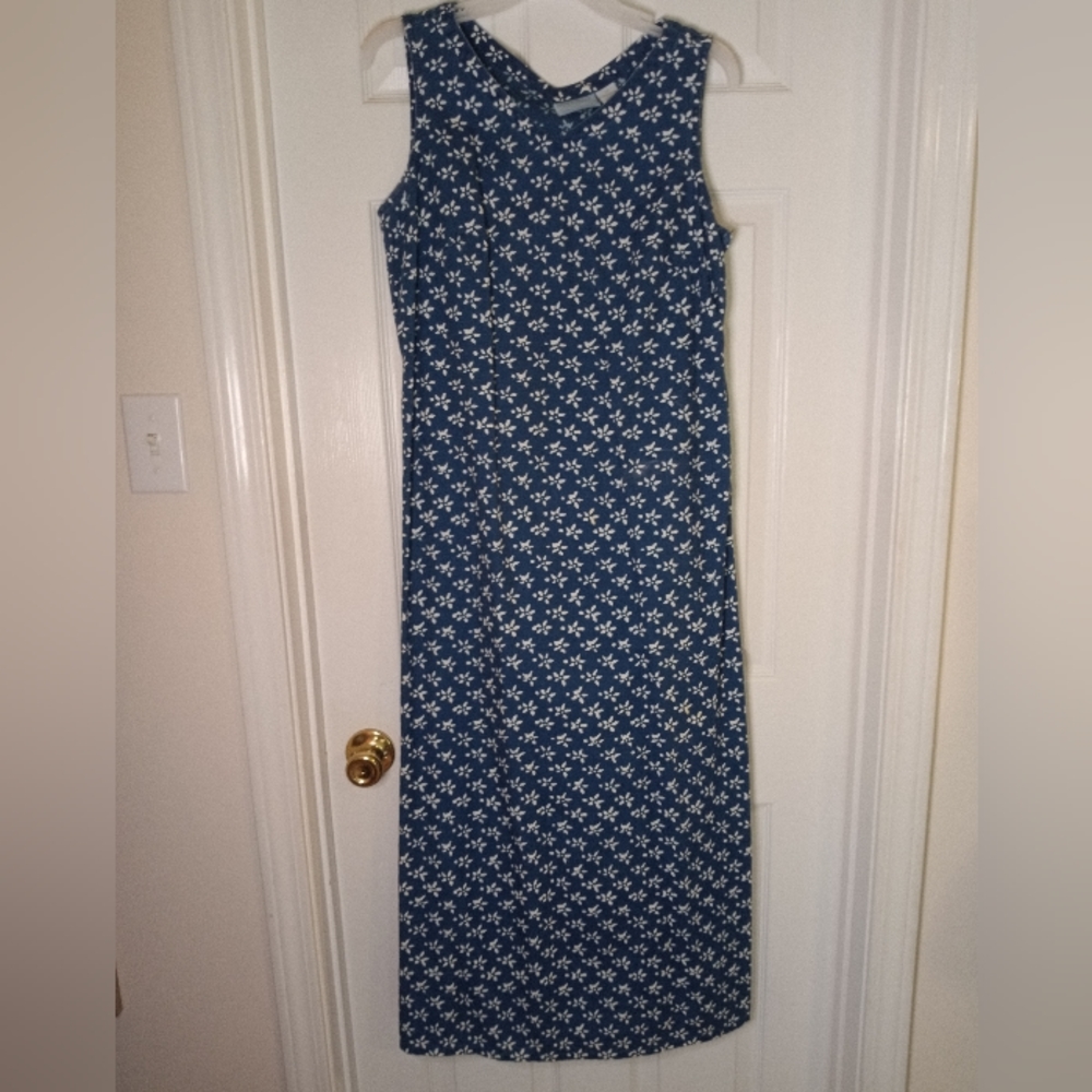 Liz Claiborne Lizwear Jeans 100% Cotton Blue Ditzy Maxi Shift Dress Size 10